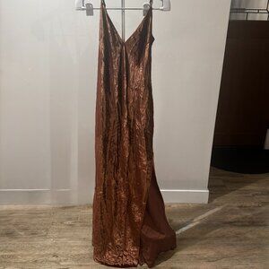 Express Metallic Copper Maxi Slip-Slide Slit Dress